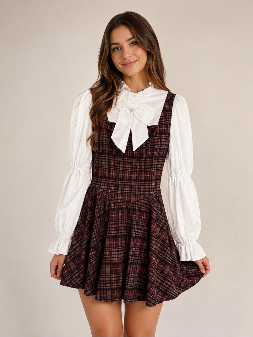 SHEIN X Plaid Pinafore Dress & White Ruffle Blouse Set Size M